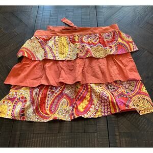 MCM Tiered Ruffle Half Apron with multi-color paisley print.